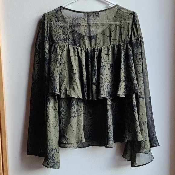 Jennifer Lopez Green/Black Reptile Print Ruffled Blouse Size Small - Picture 14 of 14